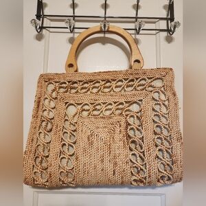 Woven Natural Straw Tote Bag with Wooden Handles